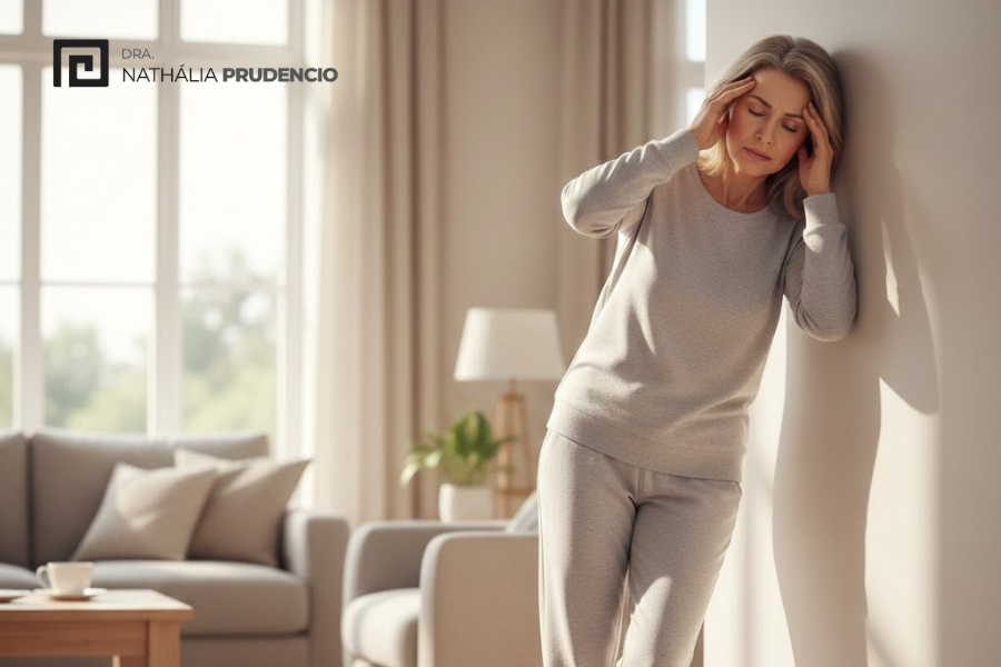 Mulher com tontura encostada na parede - Vestibulopatia bilateral