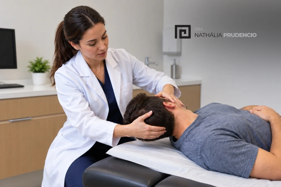 Médica realizando manobra de Epley em consultório.